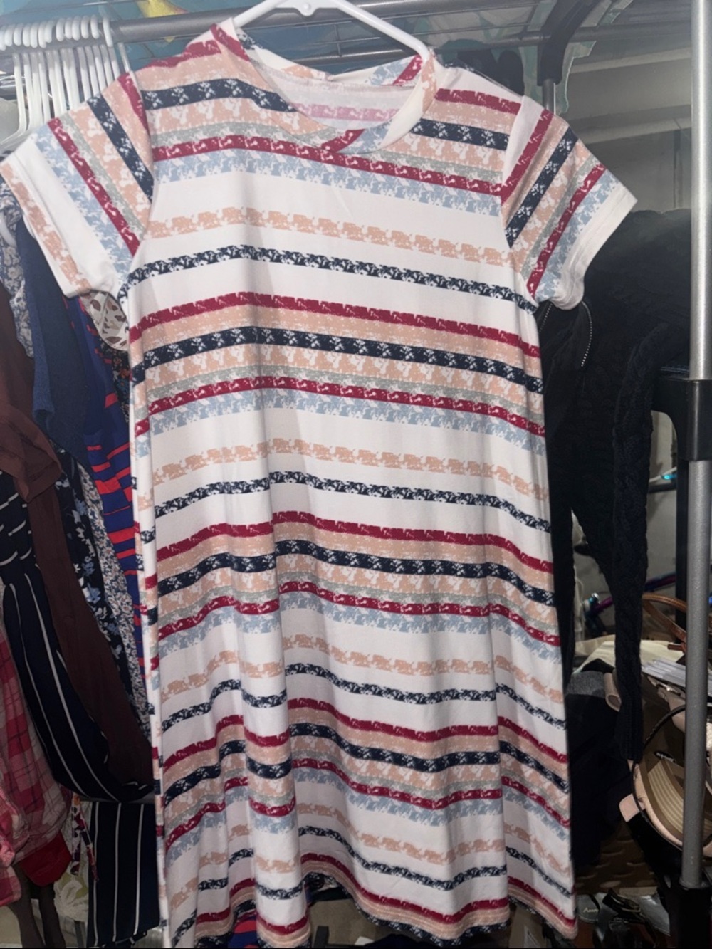 Poof! Short Sleeve Striped T‑Shirt Dress in White, Red, Navy & Tan